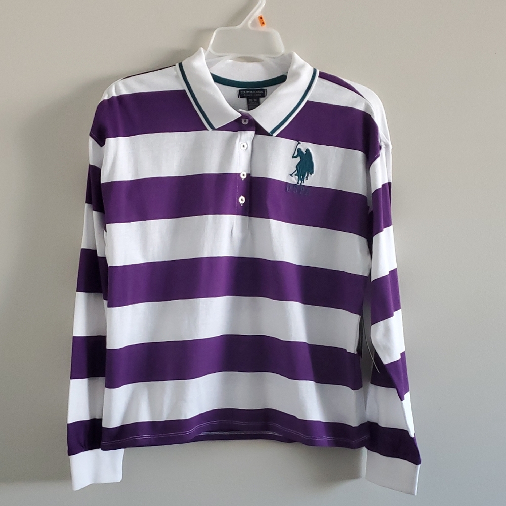 U.S. Polo Assn. Purple and White Striped Rugby Preppy Polo Shirt Top Tee Sz M